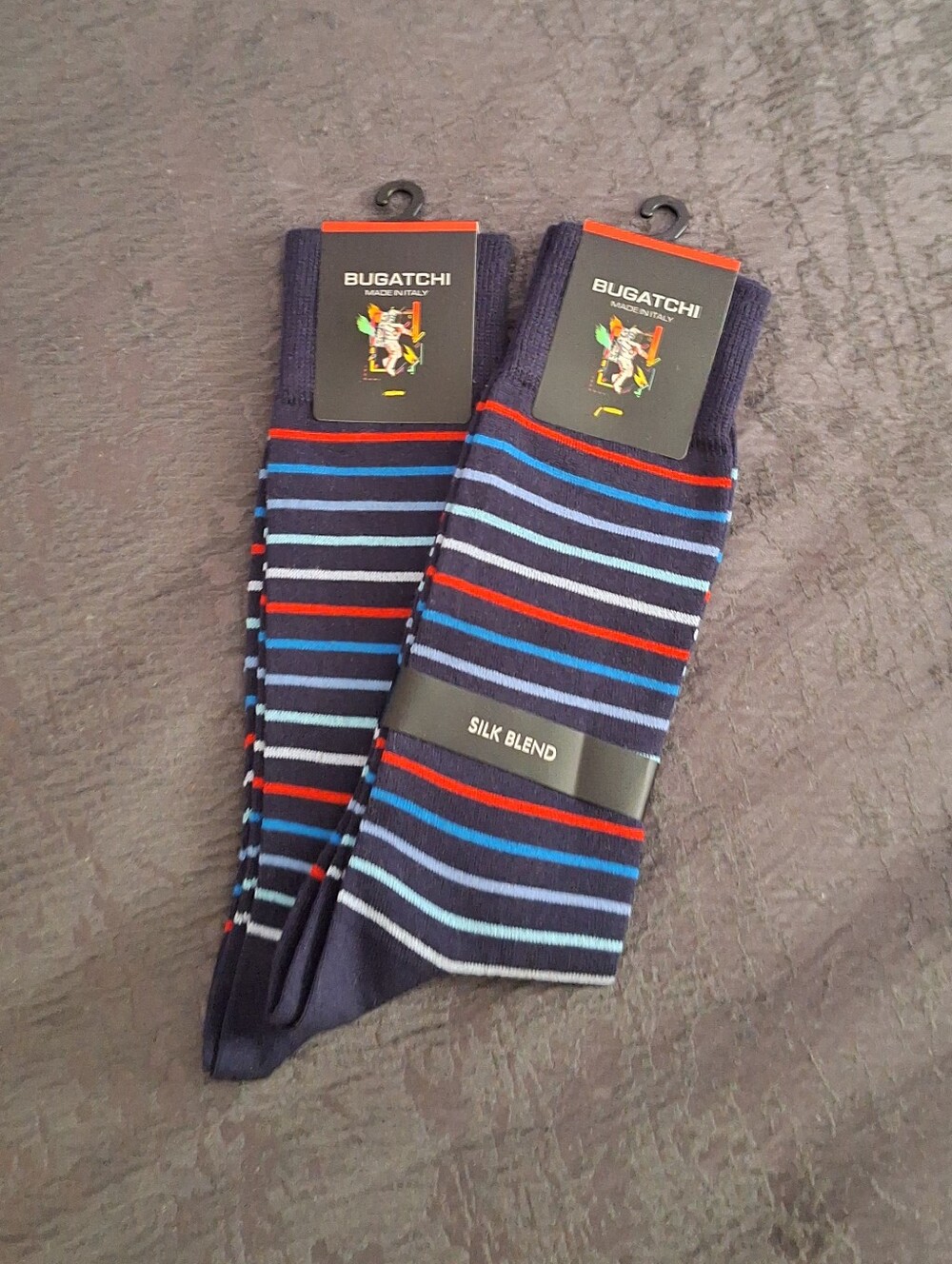 Bugatchi Navy Striped Silk-Blend Dress Socks with Blue and Red Accents